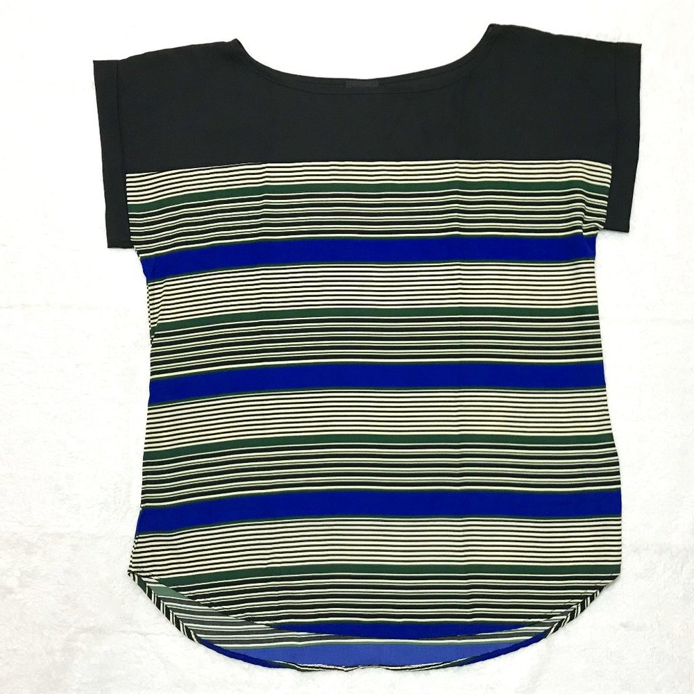 Sky Plus Blouse Shirt Womens Size 1X Blue Black Green Cream Stripes Short Sleeve